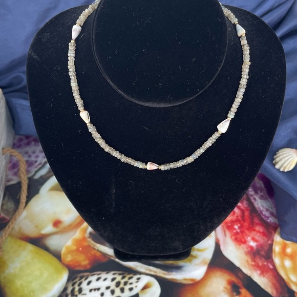 BeachGoddessShells Jewelry - Elegant Labradorite Gem Necklace with Hawaiian Seashells 14k Gold Filled